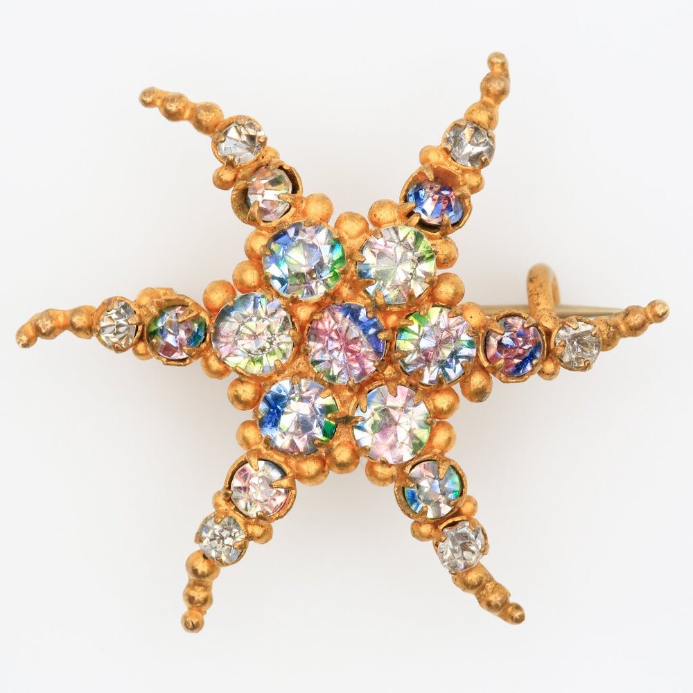 Rare Antique Late Victorian Colorful Iris‎ Glass Starfish Brooch, Bohemian Style